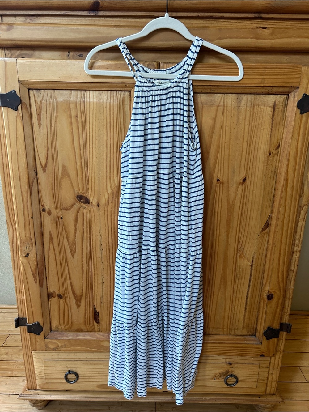 Max Studio Striped Tiered Halter Maxi Dress White Navy